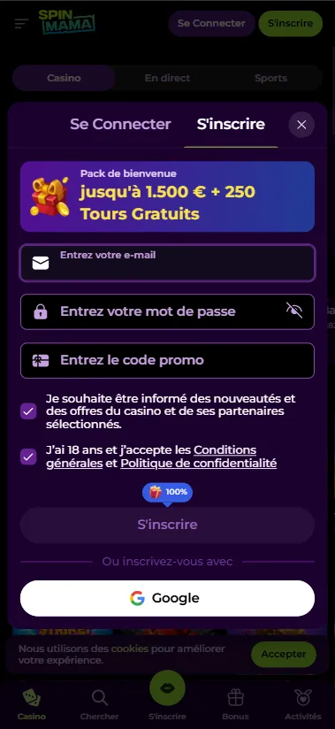 Formulaire d'inscription SpinMama : e-mail, mot de passe, code promo, bonus 1 500 € + 250 tours gratuits