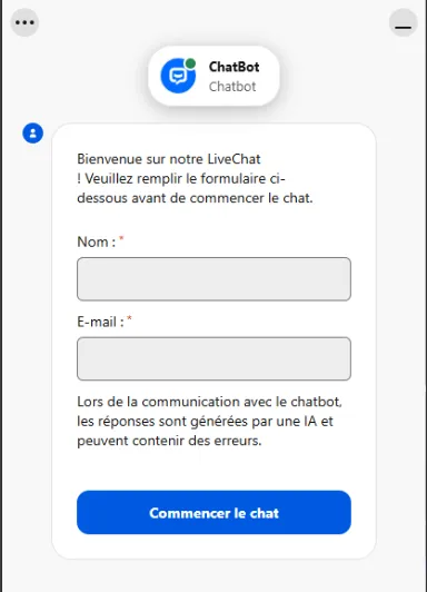 Widget LiveChat SpinMama avec formulaire de contact Nom et E-mail