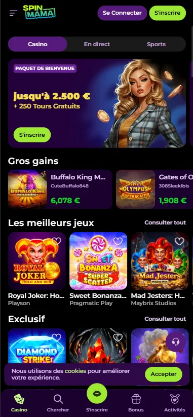 Capture d'écran du lobby mobile SpinMama avec navigation Casino, Live, Sports et bonus de bienvenue